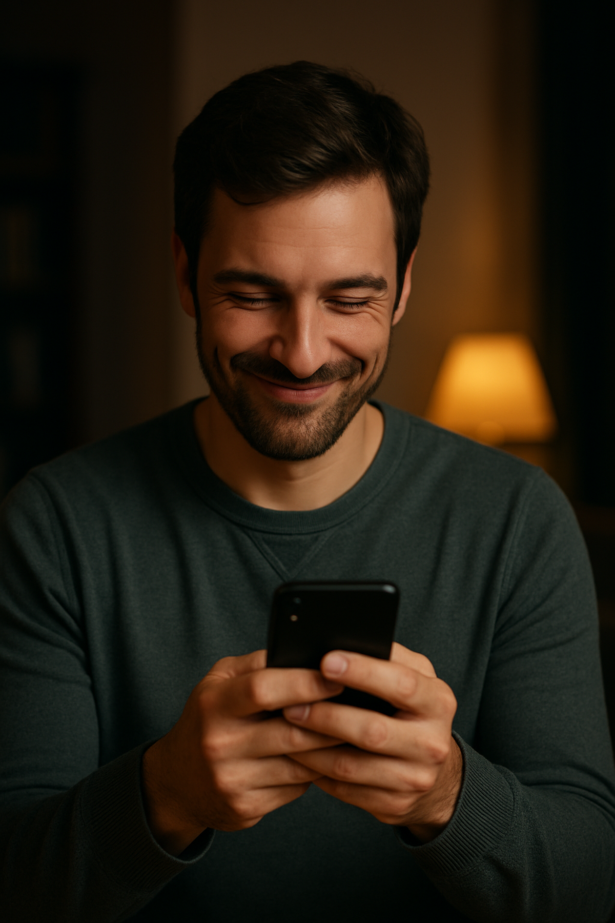 Man stuurt een sms-bericht met een ondeugende glimlach – dating via sms bij Contactzoekertjes.com.