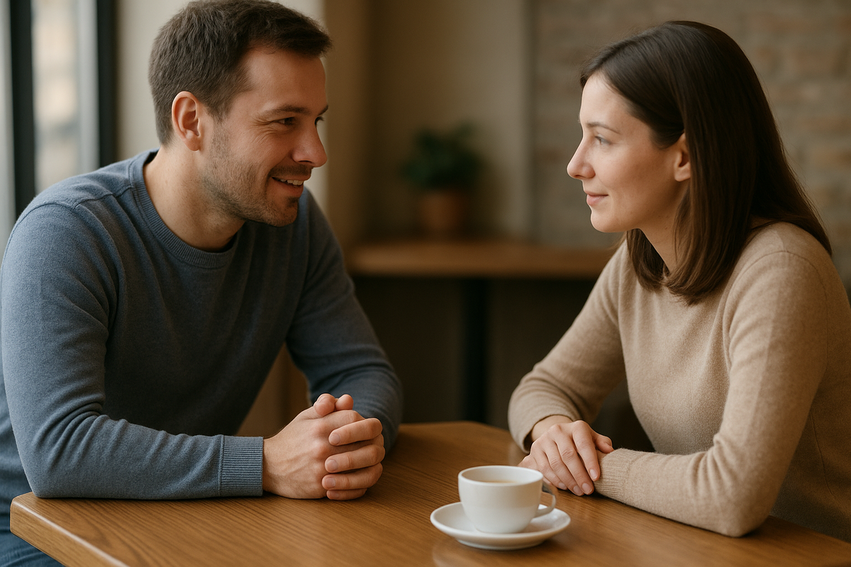 Twee mensen bij een koffietafel die elkaar ontmoeten, waarbij lichaamstaal hun gevoelens weerspiegelt