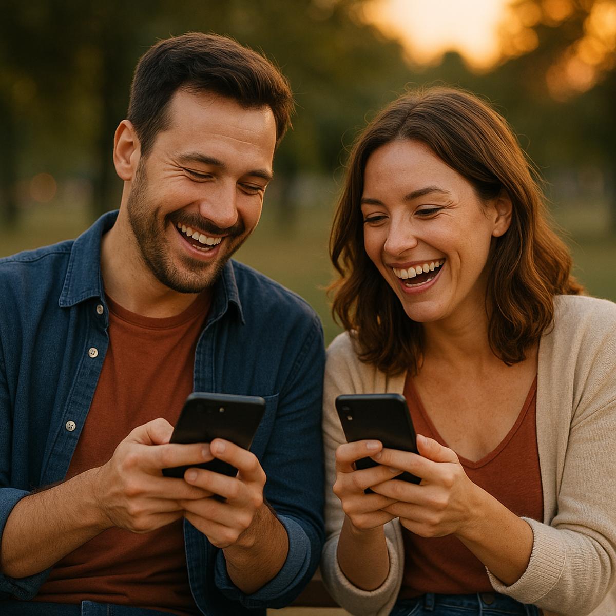 Man en vrouw lachen terwijl ze tegelijk naar hun telefoons kijken – daten via sms bij Contactzoekertjes.com.