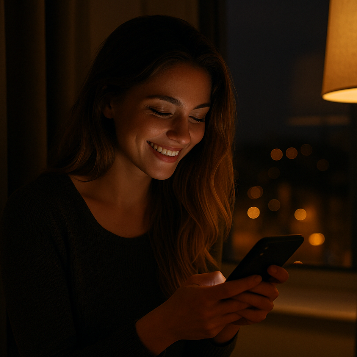 Vrouw met een glimlach leest een sms in de schemering – spannend daten via sms bij Contactzoekertjes.com.