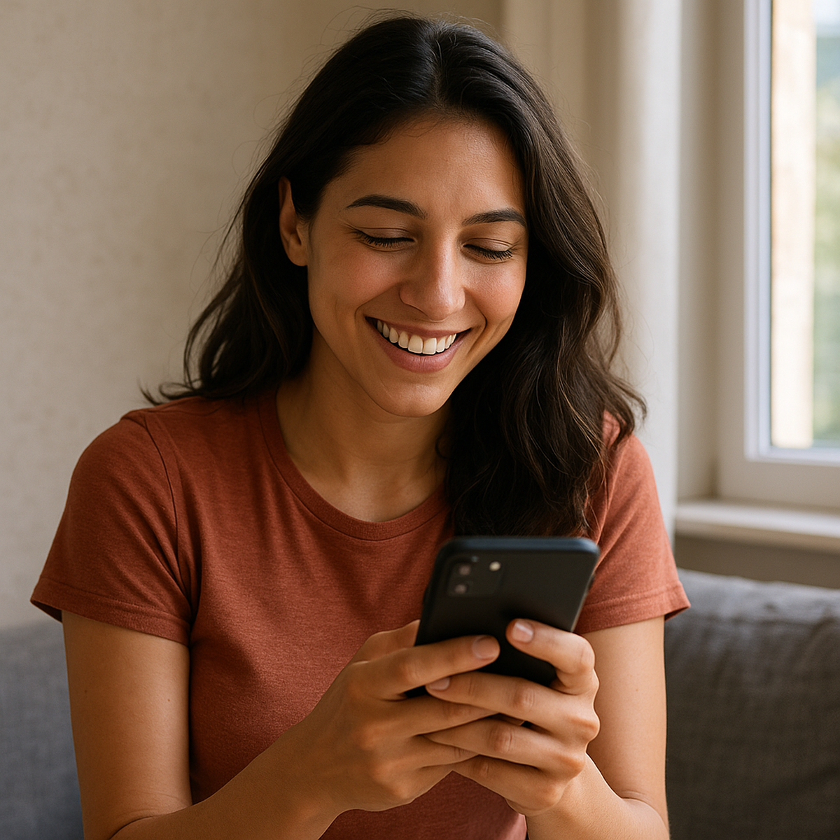 Vrouw lacht terwijl ze een sms-bericht leest op haar smartphone – daten via sms op Contactzoekertjes.com