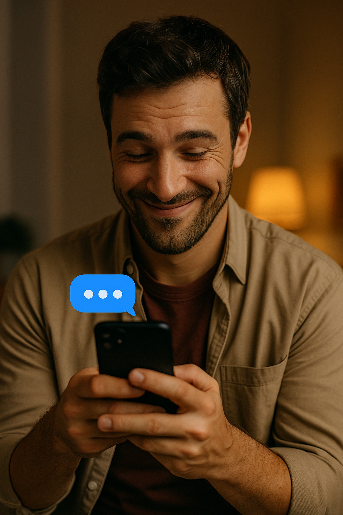 Man kijkt met ondeugende glimlach naar zijn telefoon – daten via sms bij Contactzoekertjes.com