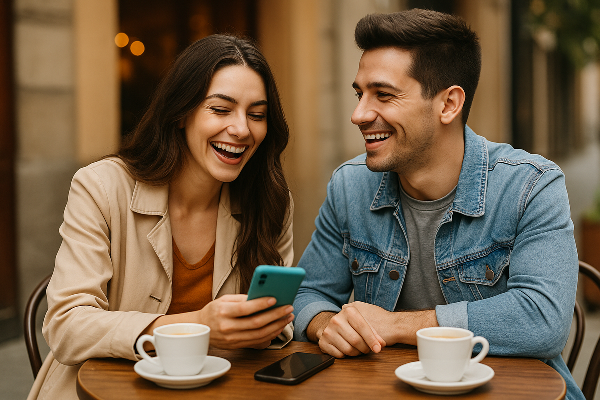 Jong stel lacht samen tijdens een eerste ontmoeting na sms-contact – Contactzoekertjes.com.