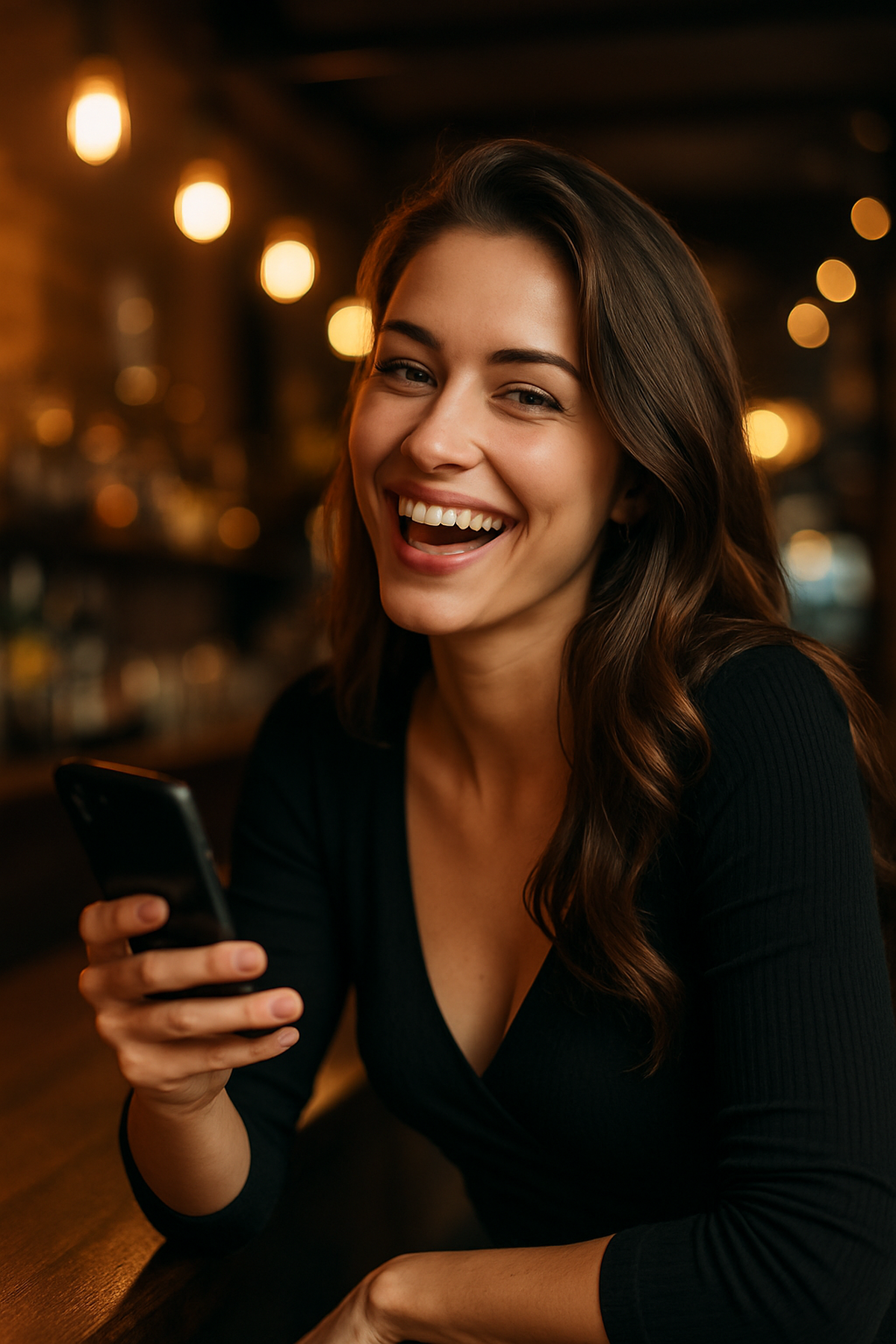 Lachende vrouw leunt naar voren tijdens een gesprek, smartphone in hand – pikant daten bij Contactzoekertjes.com.