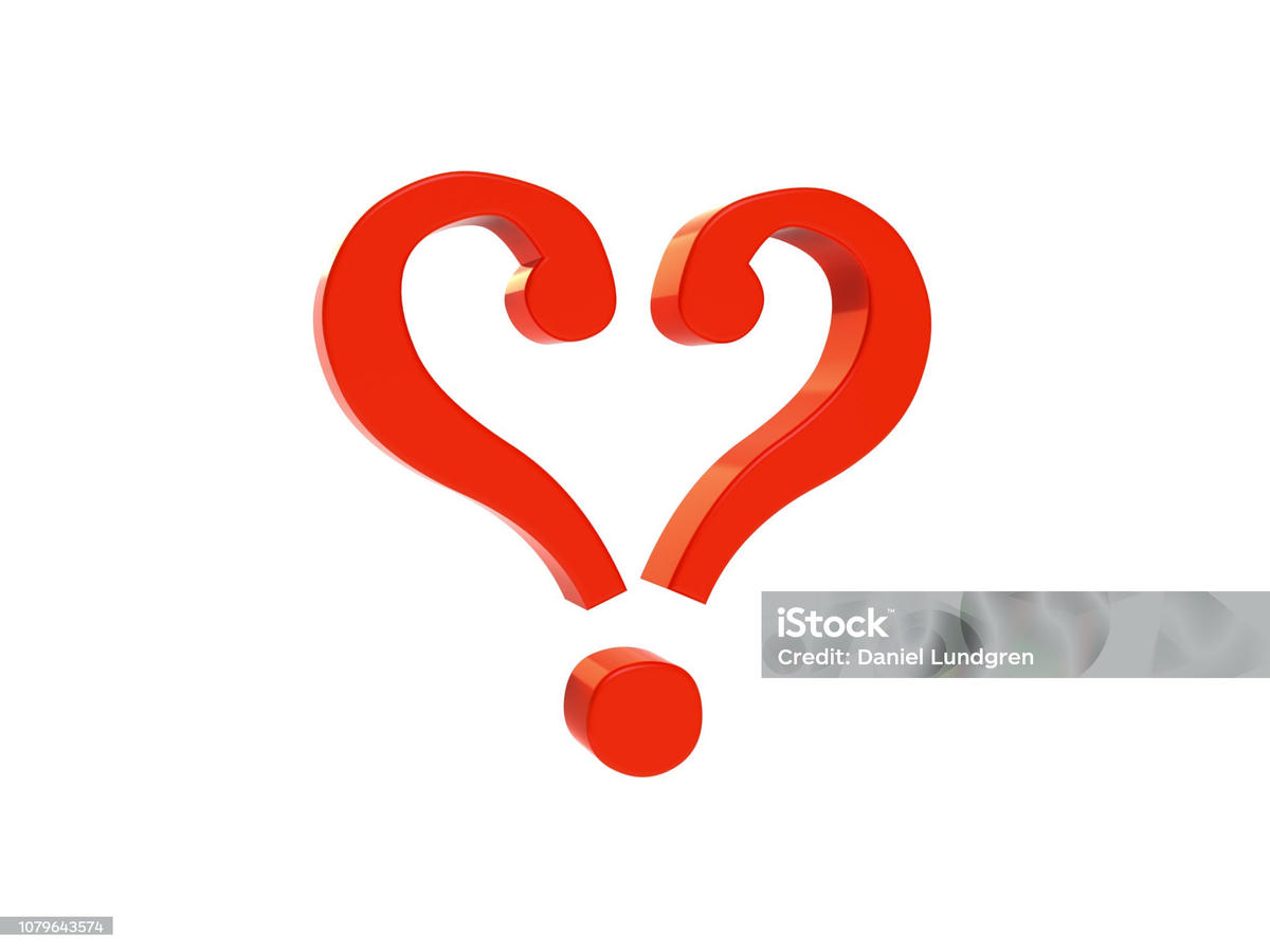 Rood hart-vormig vraagteken dat liefde en twijfel symboliseert – visuele metafoor voor relatievragen.