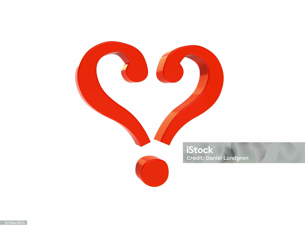 Rood hart-vormig vraagteken dat liefde en twijfel symboliseert – visuele metafoor voor relatievragen.