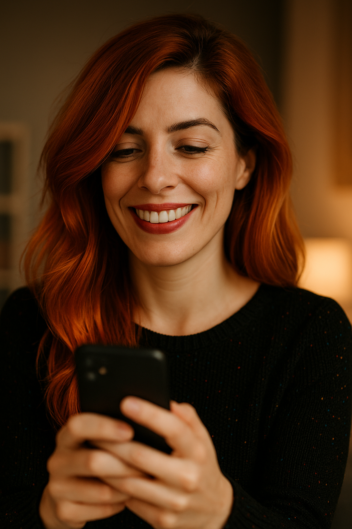 Vrouw van 36 met roodachtige gloed in haar haar leest lachend een sms – Kyra’s verhaal via Contactzoekertjes.com.